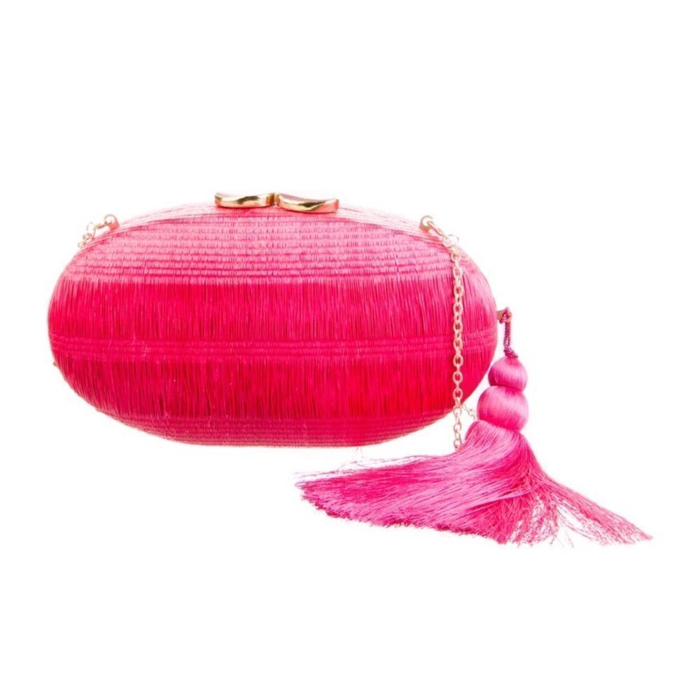 RAFE Fuchsia Pink Woven Rattan Clutch with Tassel